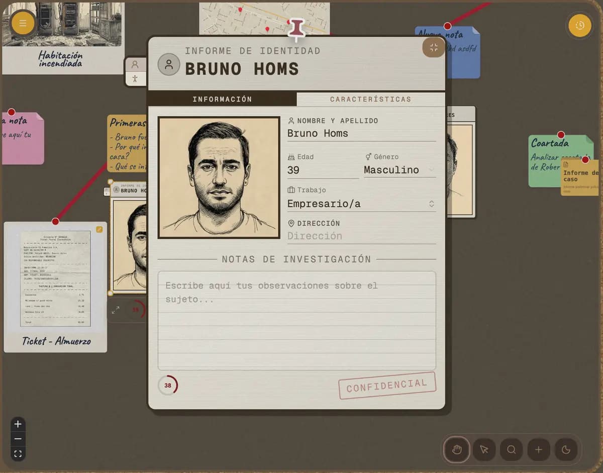 Digital corkboard with notes, photos and threads connecting clues
