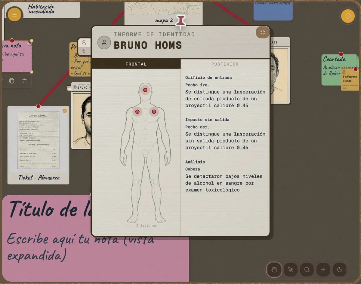 Digital corkboard with notes, photos and threads connecting clues