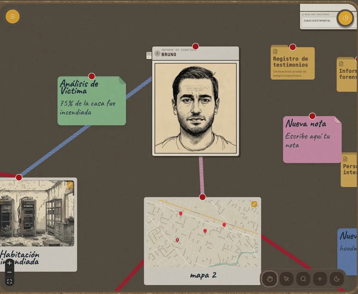 Digital corkboard with notes, photos and threads connecting clues